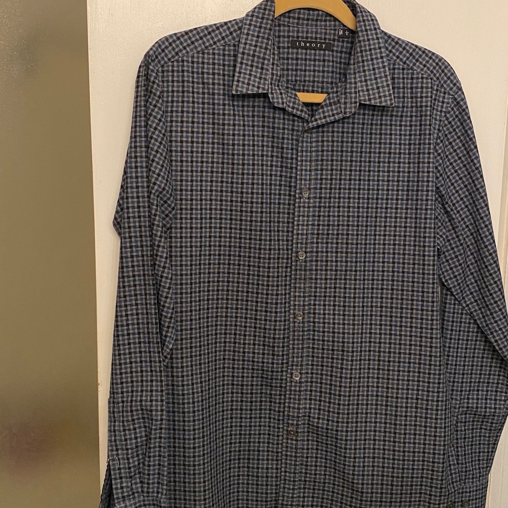 Theory Men's Navy Plaid Button Down Shirt